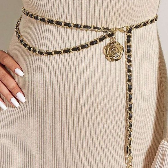 Gold and Black Chain Belt, Black Faux Leather and Gold Chain Belt main image 7